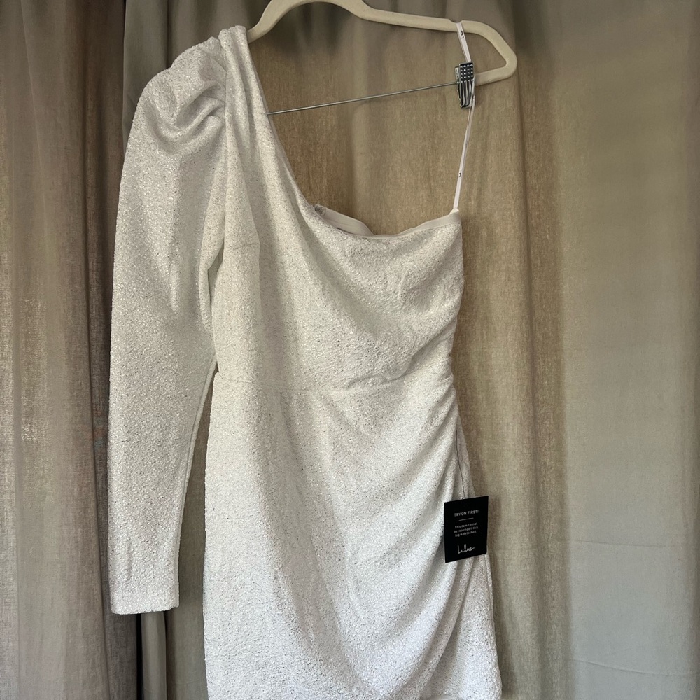 Lulu’s Brightly Shining Silver Metallic One Shoulder Mini Dress
